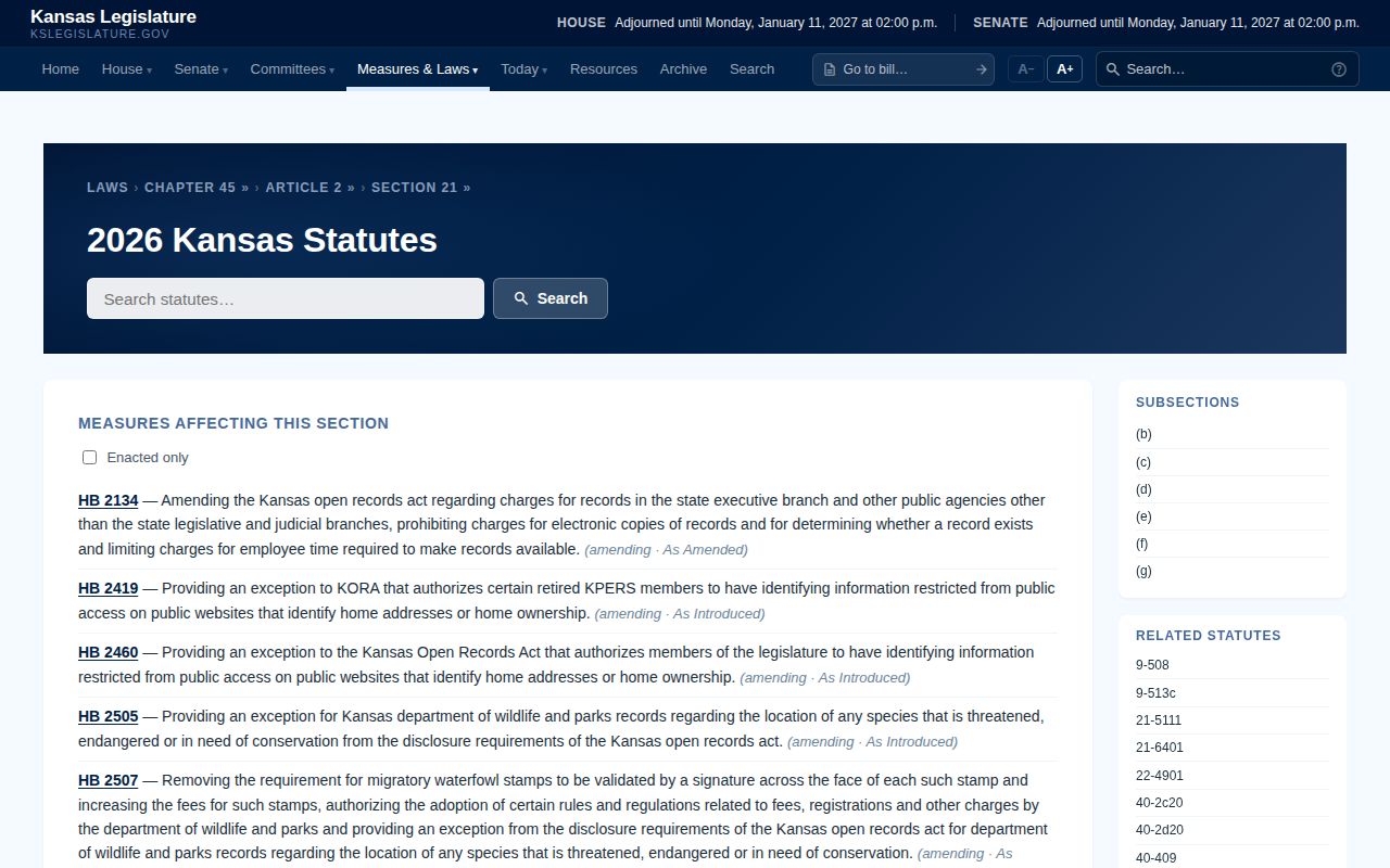 Kansas statute page showing open-record exemptions that may affect a booking-photo request
