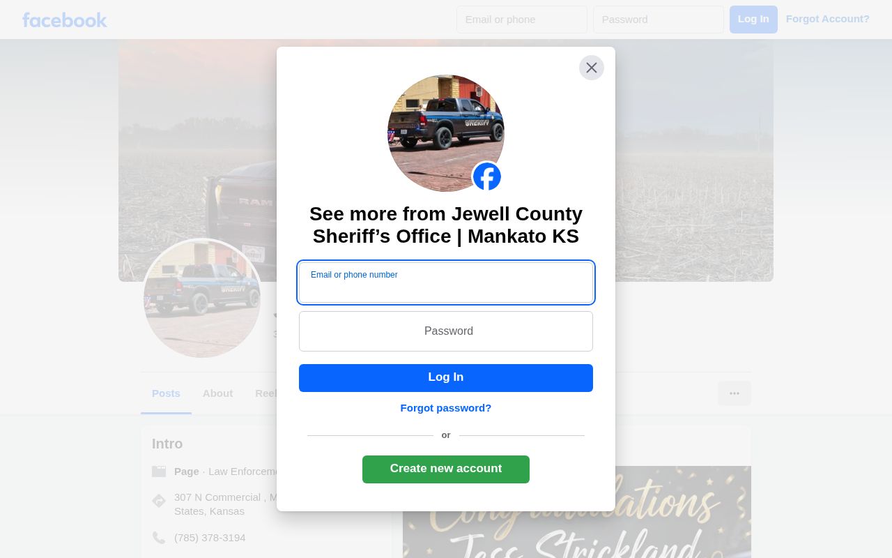 Official Jewell County Sheriff's Office social page used for case-specific announcements